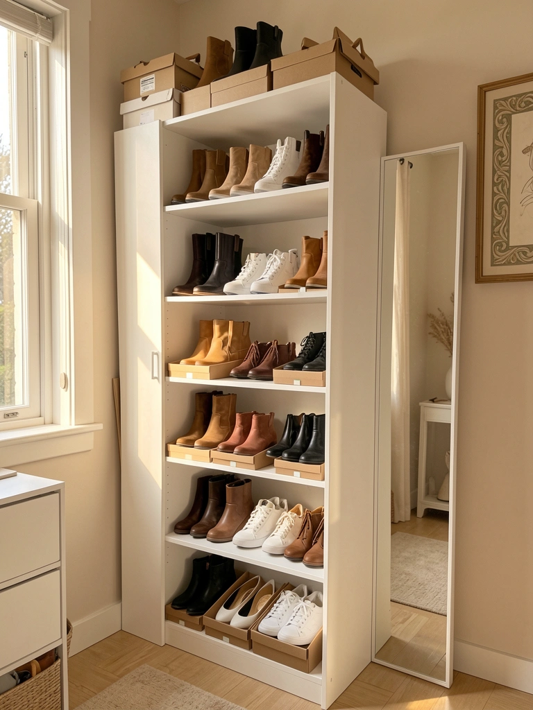 Unidade de armazenamento branca com sapatos em caixas de papelão, espelho lateral refletindo o ambiente, luz natural entrando pela janela.