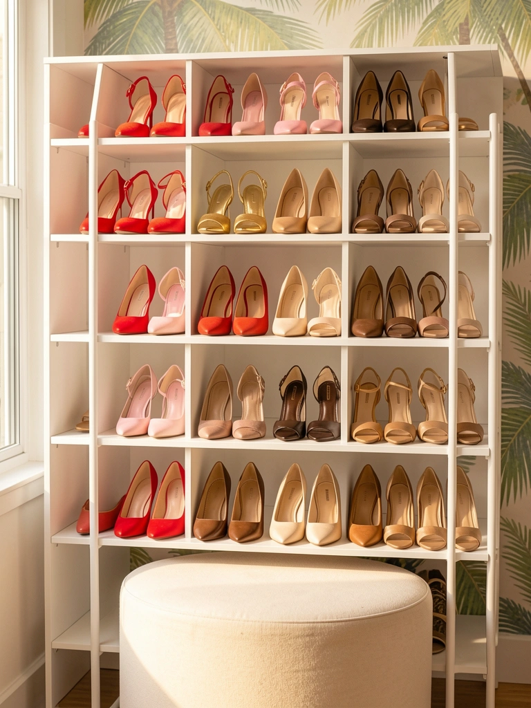 Estante branca minimalista com sapatos organizados por tipo e cor, incluindo saltos vermelhos, rosas e beges, sob luz natural e parede texturizada.