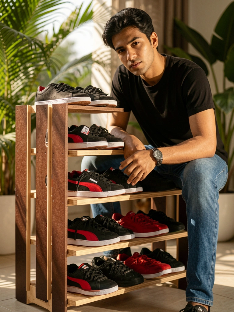 Jovem de cabelo escuro e camiseta preta sentado em sapateira de MDF marrom escuro e madeira clara, com tênis Puma preto e vermelho em cada prateleira, luz natural filtrada e fundo desfocado com verde.
