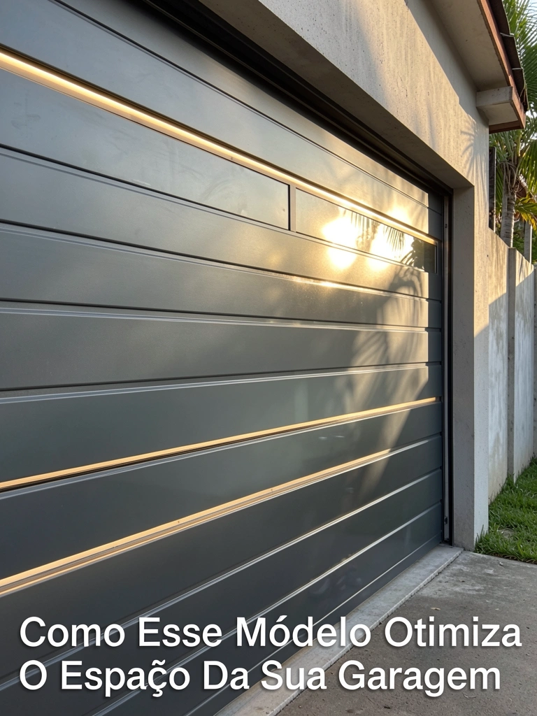 Porta de garagem de alumínio cinza escuro com ripas horizontais, faixa de LED integrada e grande painel de vidro fosco refletindo o exterior, luz natural e concreto ao fundo.