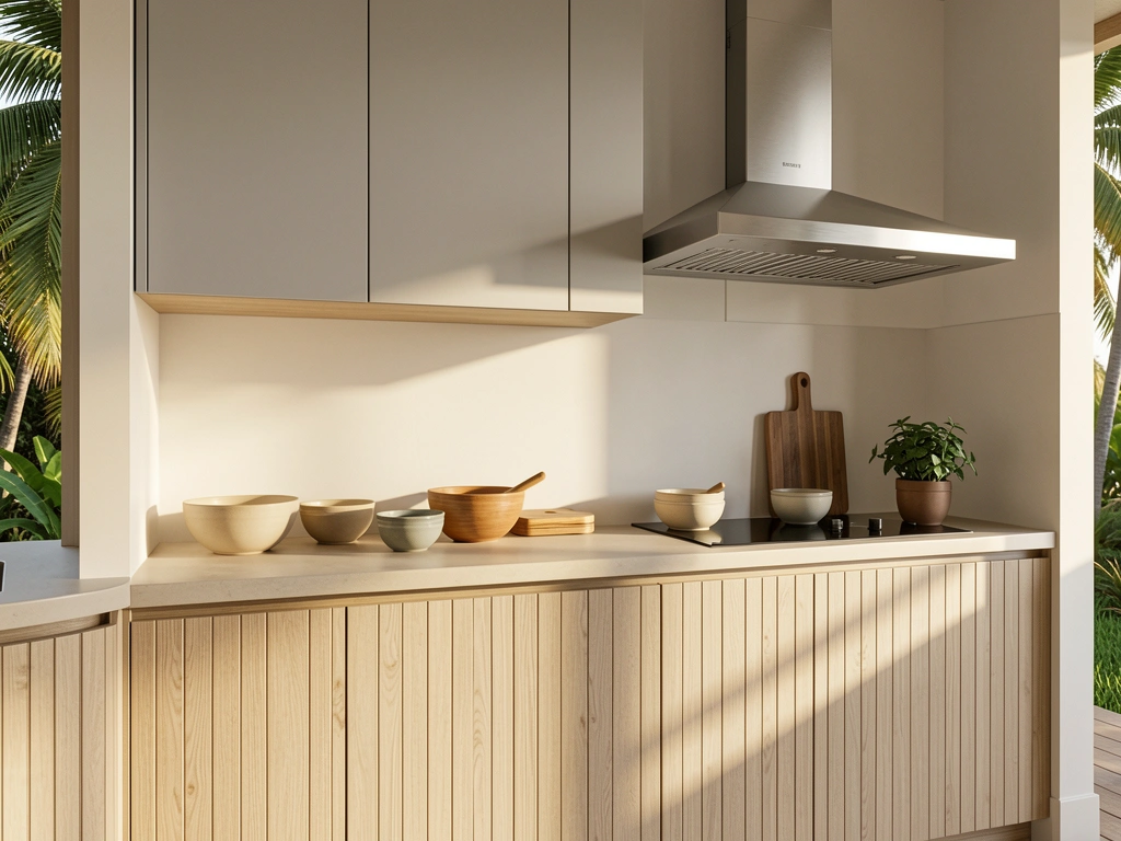 Armários de cozinha em cinza claro e bege com painel de madeira, exaustor de aço inox, tigelas de cerâmica e vaso de planta sob luz natural.