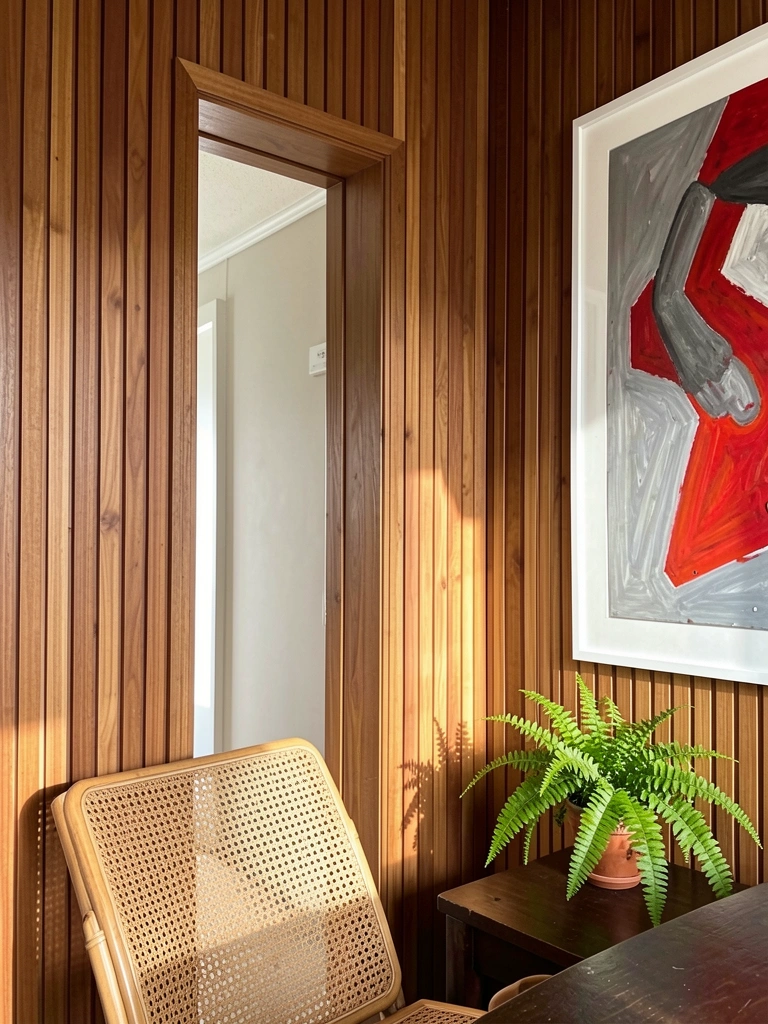 Painel de madeira com ranhuras verticais, porta enquadrada, pintura abstrata vermelha e cinza em moldura branca, cadeira de rattan e samambaia em vaso.