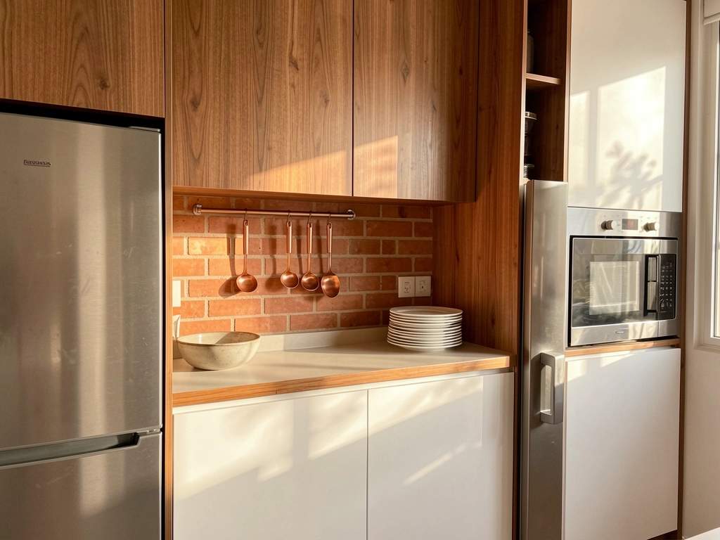 Armário de madeira clara com geladeira de aço inox, bancada com tigela de cerâmica e placas brancas, luz natural aquecendo a cena.
