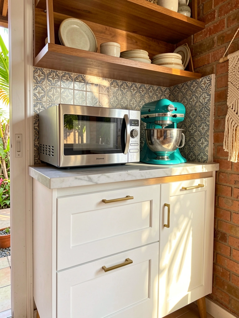 Armário branco com puxadores dourados, mixer teal e micro-ondas de aço inox sobre bancada de mármore, azulejos decorativos e parede de tijolos expostos.