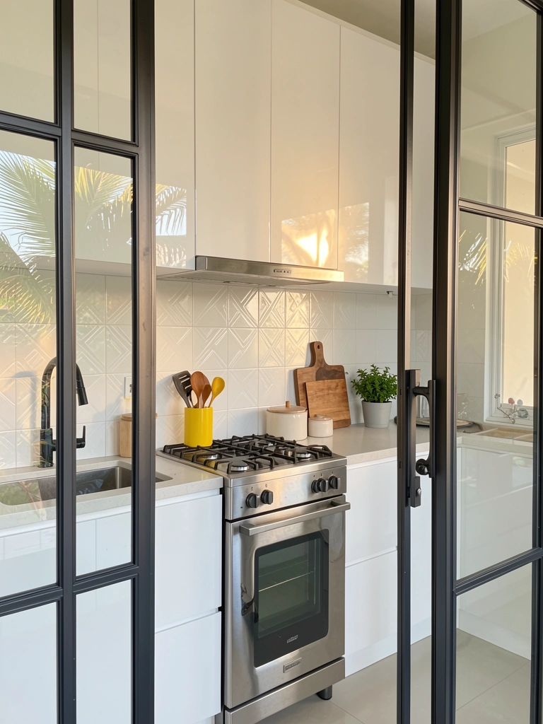 Geometric white tile backsplash, glossy cabinets, stainless steel stove, black faucet, wooden cutting board, ceramic container, yellow utensil holder, small potted plant, warm natural daylight, large glass doors reflecting interior.