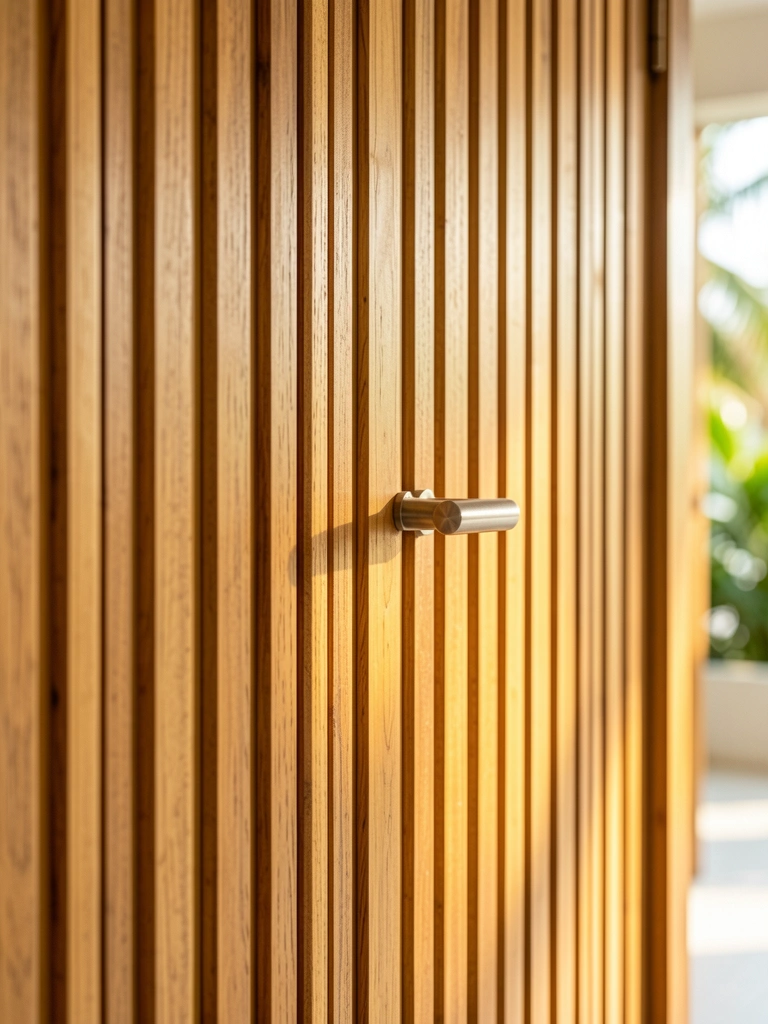 Porta de madeira com ranhuras verticais e puxador metálico, luz natural difusa destacando a textura.