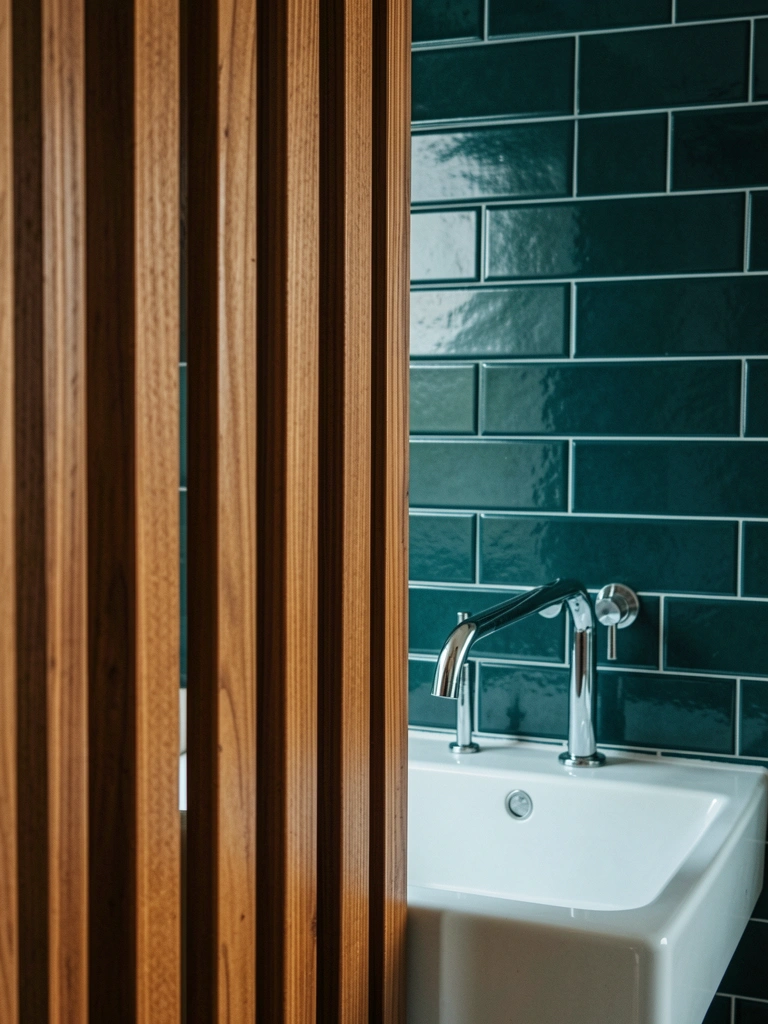 Parede de azulejos verde-escuros com pia branca e painel de ripas de madeira, luz natural suave projetando sombras.