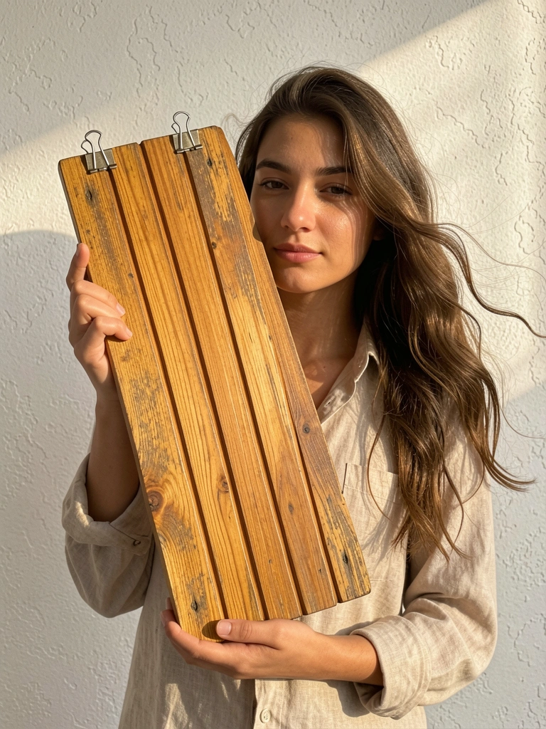 Painel de madeira com veios e tons mel, segurado por mãos femininas, luz natural em parede texturizada.