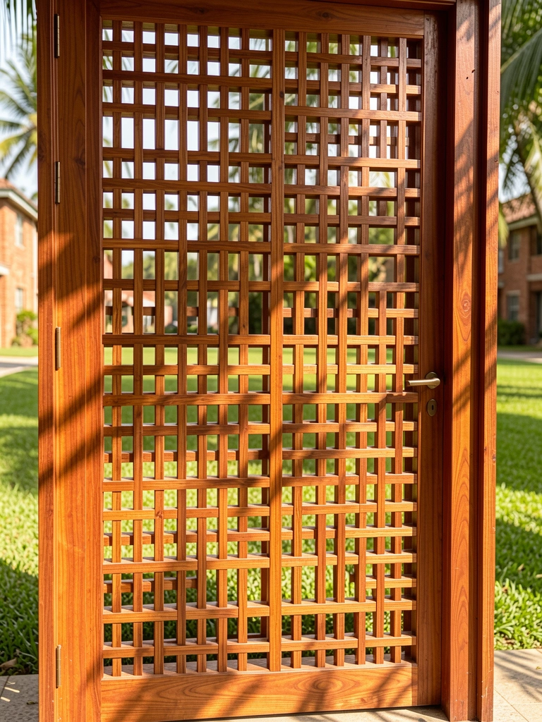 Porta de madeira maciça avermelhada com grade de ripas entrelaçadas, luz solar filtrando por pequenos vãos quadrados, grama verde desfocada ao fundo.