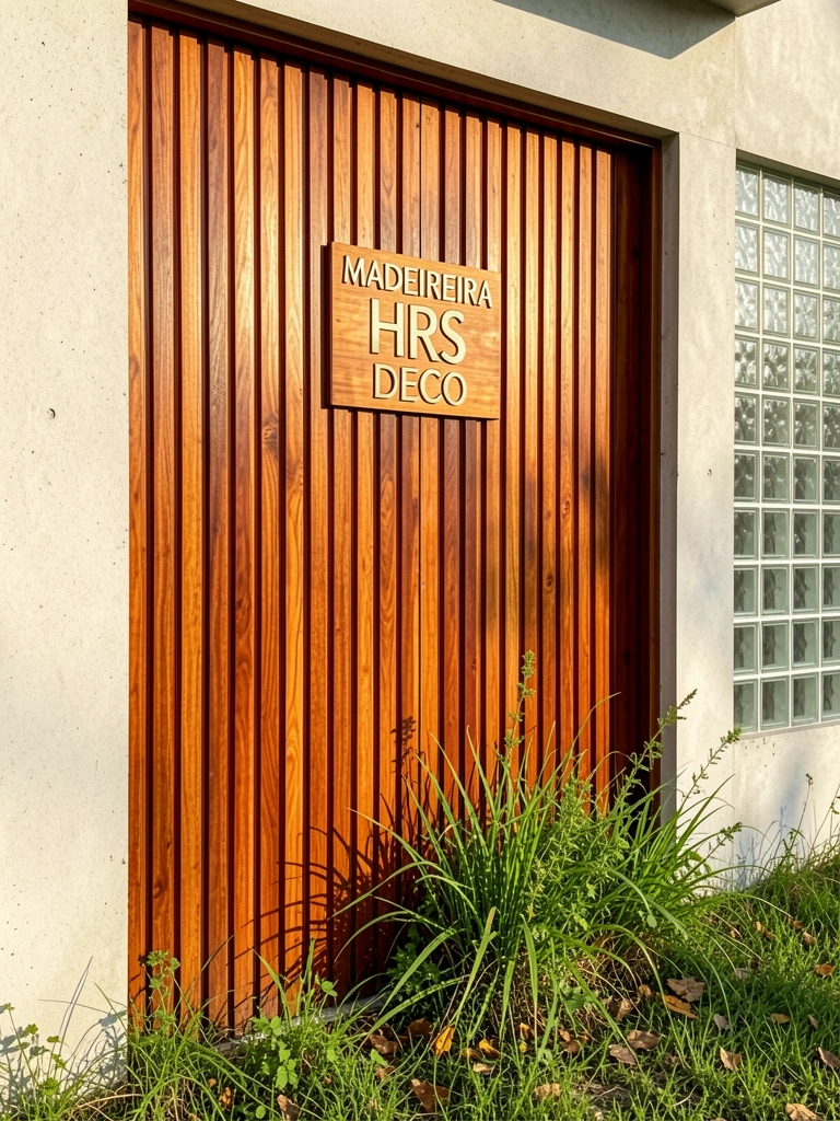 Porta de madeira rústica marrom-avermelhada com painéis verticais e placa 