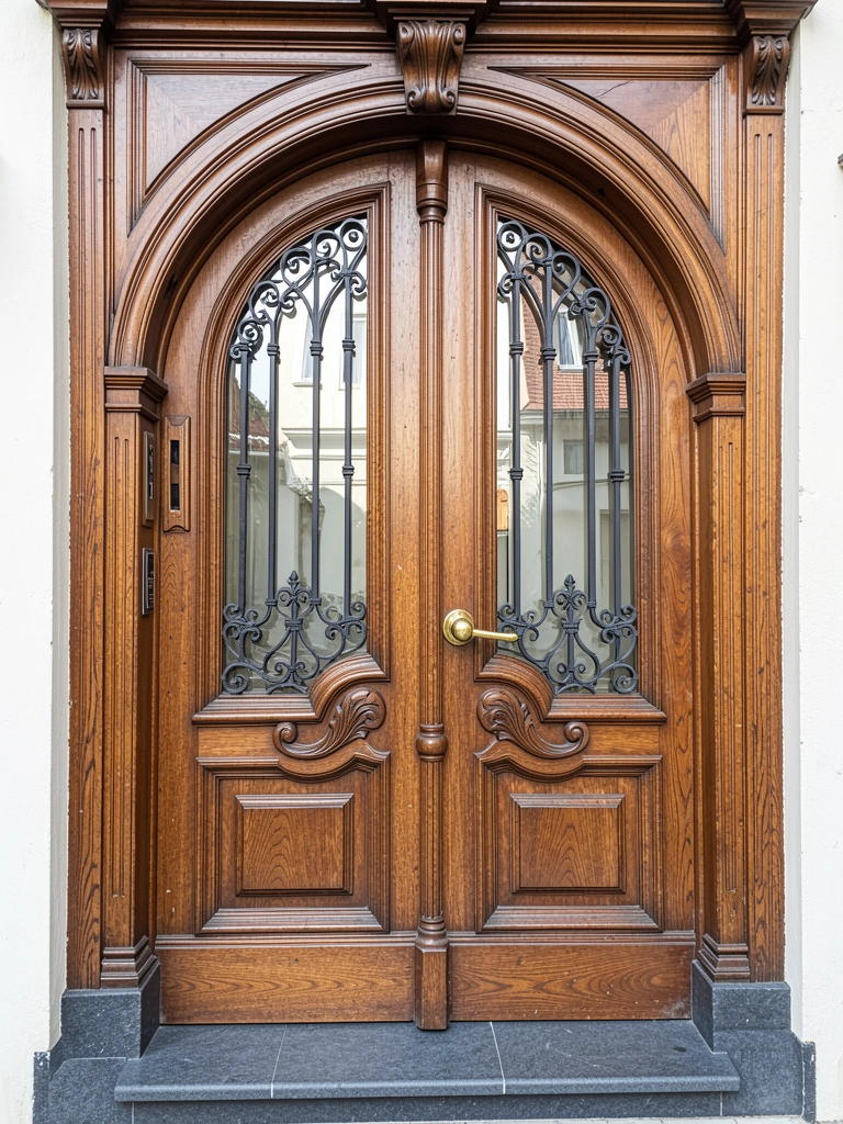 Porta de madeira escura com entalhes e ferragens douradas, vidros com grades de ferro e moldura em pedra cinza.