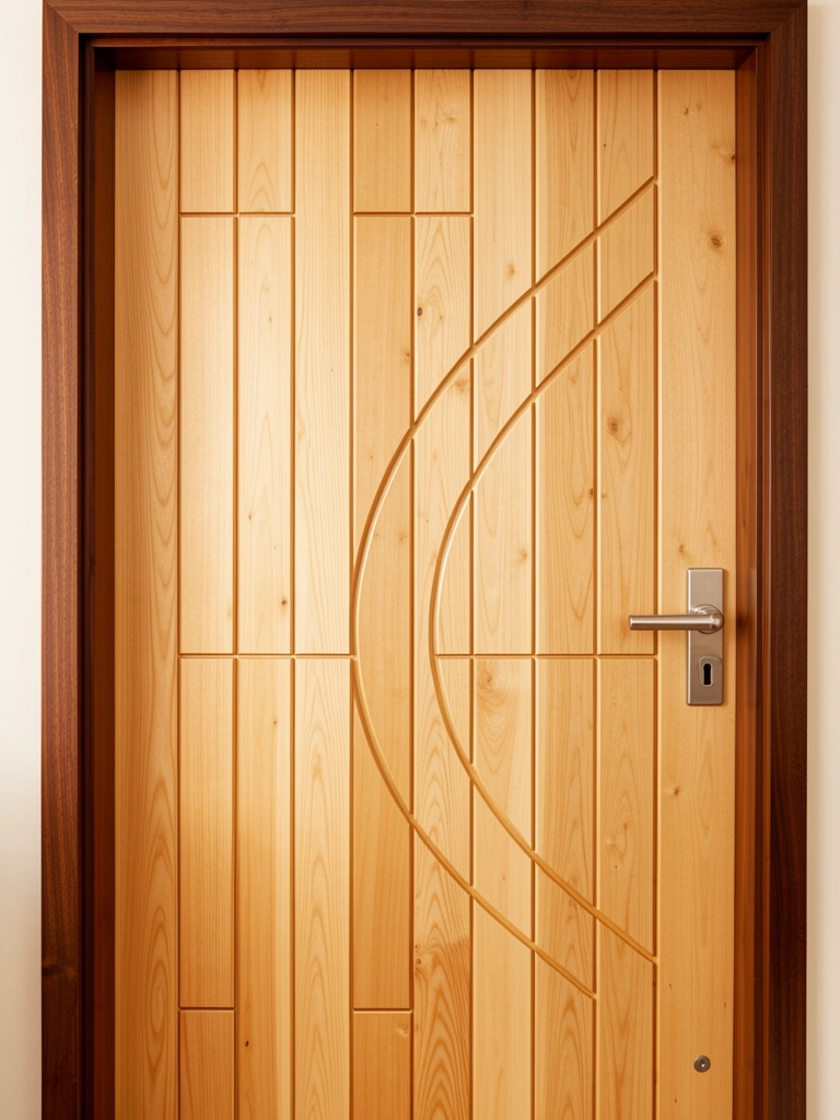 Porta de madeira clara com painéis verticais e ranhura curva diagonal, puxador de aço escovado e moldura escura.