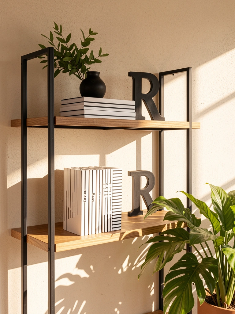 Prateleiras de madeira em moldura preta com livros listrados, vaso preto e letra R, parede bege texturizada e planta verde ao fundo, luz natural.