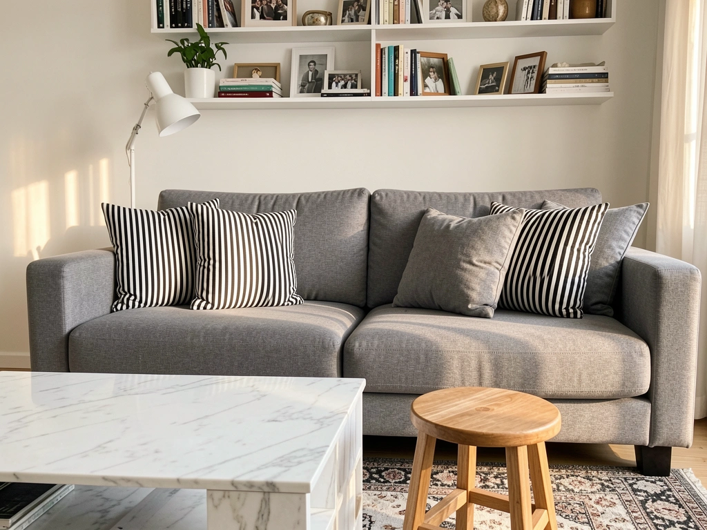 Mesa de centro de mármore branco com almofadas listradas em preto e branco sobre sofá cinza, estante com livros, vaso e luminária, luz natural.