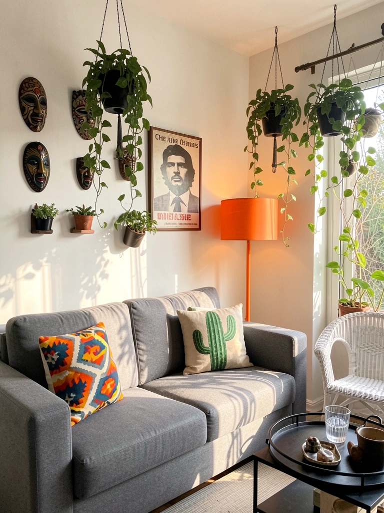 Sofá cinza com almofada geométrica e de cacto, luminária laranja alta e plantas pendentes em vasos pretos, luz natural difusa.