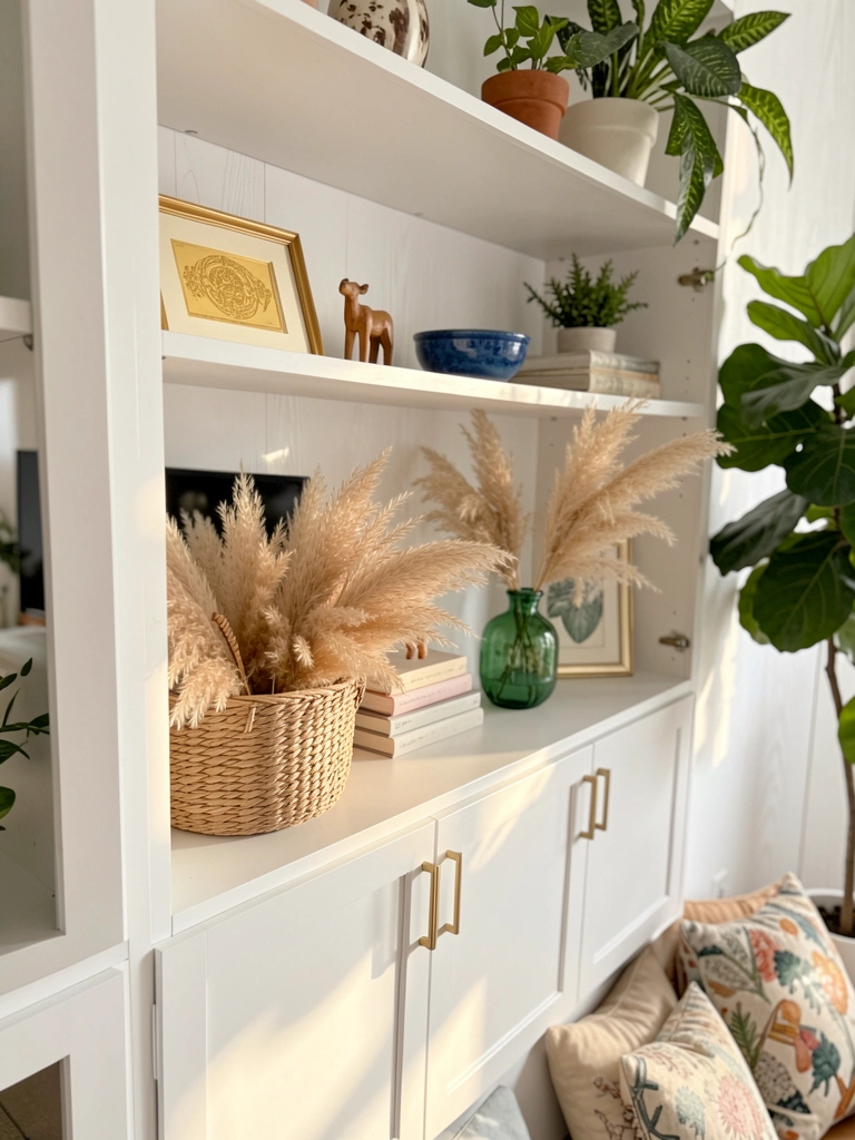 Prateleira branca com cesto de pampas secos, vaso verde, moldura dourada e livros empilhados, luz natural filtrada.