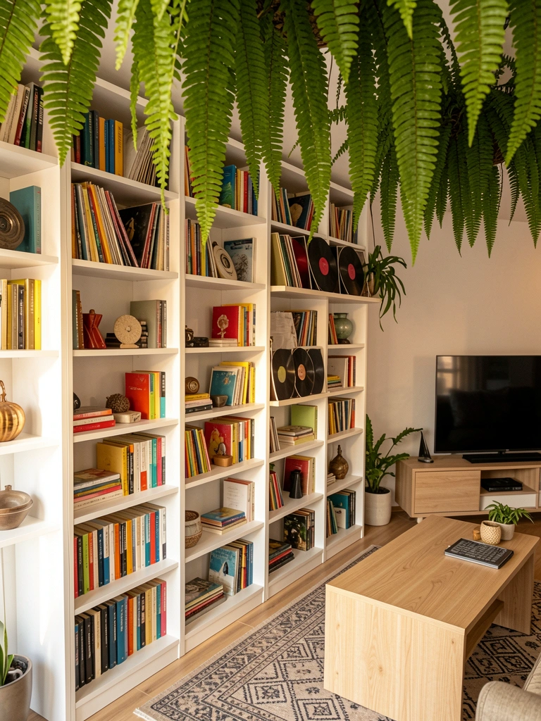 Prateleira branca com livros coloridos e objetos decorativos, samambaias penduradas no teto, luz natural suave.