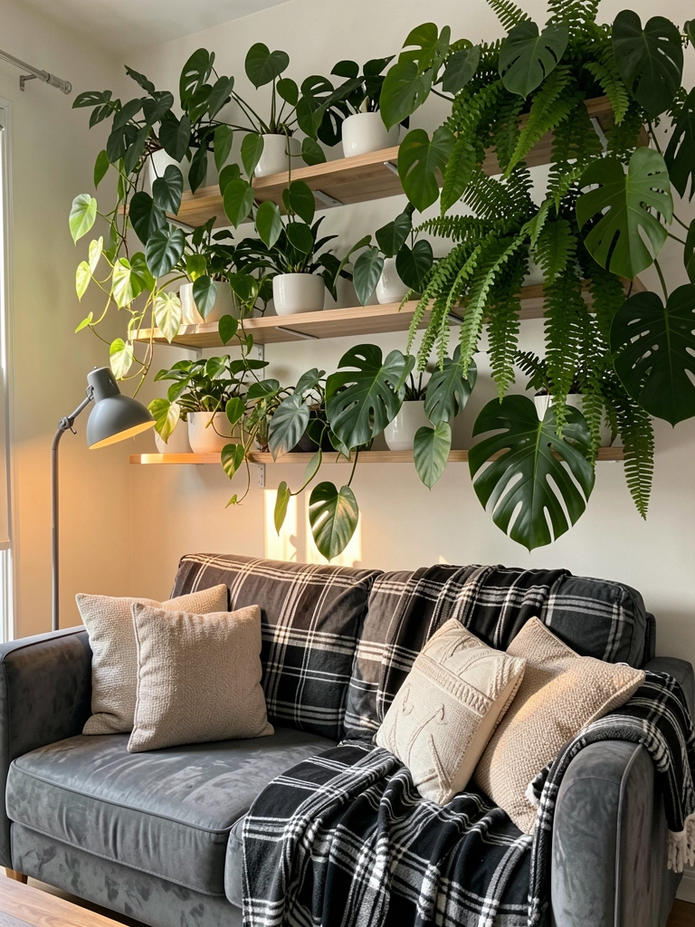 Plantas tropicais em vasos brancos sobre prateleiras acima de sofá cinza com manta xadrez preta e branca, luz natural e abajur de piso.