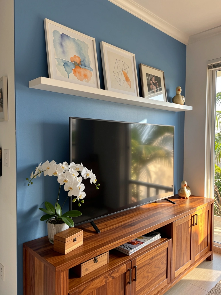 Prateleira branca com quadros em tons pastel, vaso com orquídeas brancas e pato decorativo, sobre aparador de madeira com TV grande e parede azul.