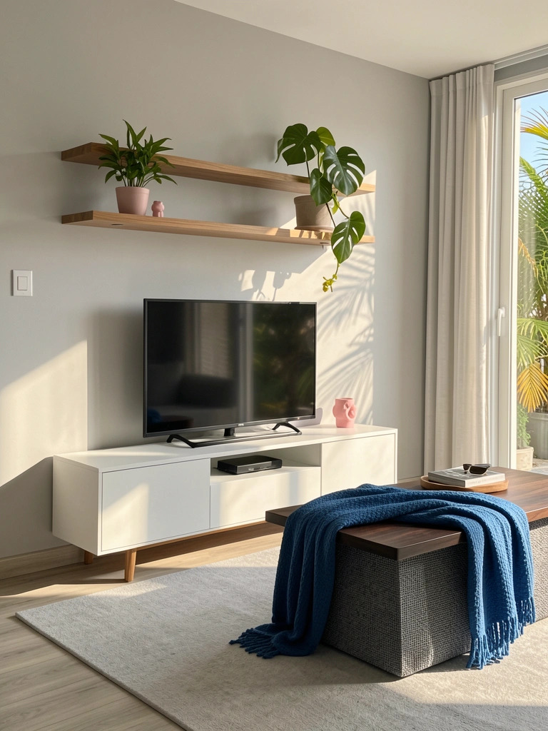 Prateleira de madeira minimalista com vaso de monstera e objeto decorativo rosa, sobre aparador branco com TV, mesa de centro escura com manta azul, luz natural.