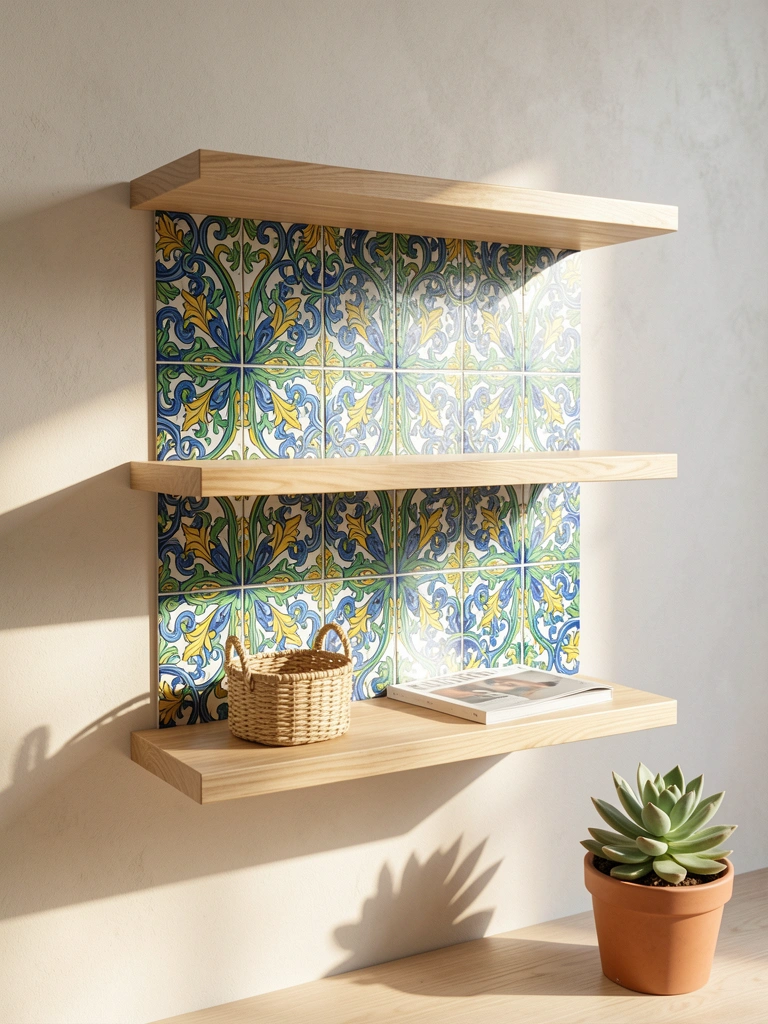 Prateleiras de madeira com azulejo vitral em azuis, verdes e amarelos; cesto com revista na base; suculenta em vaso no chão; luz natural suave.