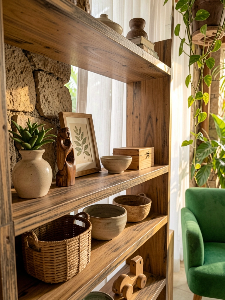 Prateleira de madeira clara com vaso de cerâmica, moldura botânica e poltrona verde, luz filtrada por cortinas brancas.