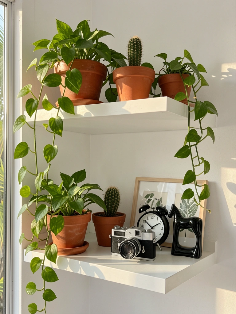 Prateleiras flutuantes brancas com vasos de terracota, jiboia pendente, cacto, câmera vintage e relógio preto e branco, luz natural suave.