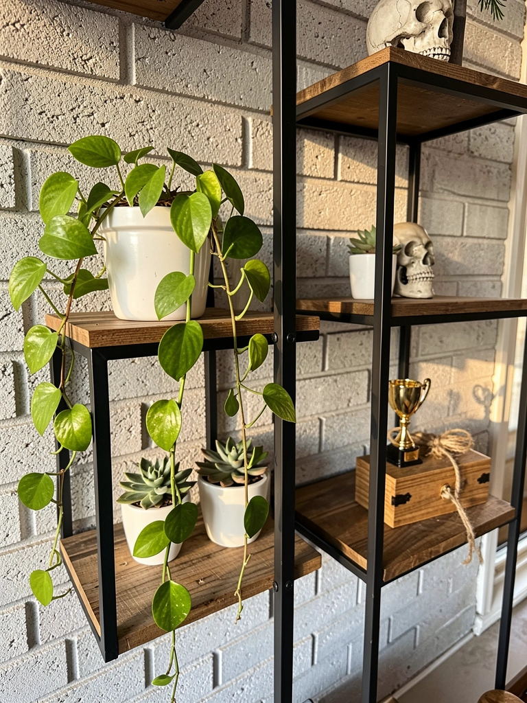 Prateleira rústica de madeira com estrutura preta, vaso branco com jiboia, suculenta e caveira decorativa, tijolos claros e luz natural.