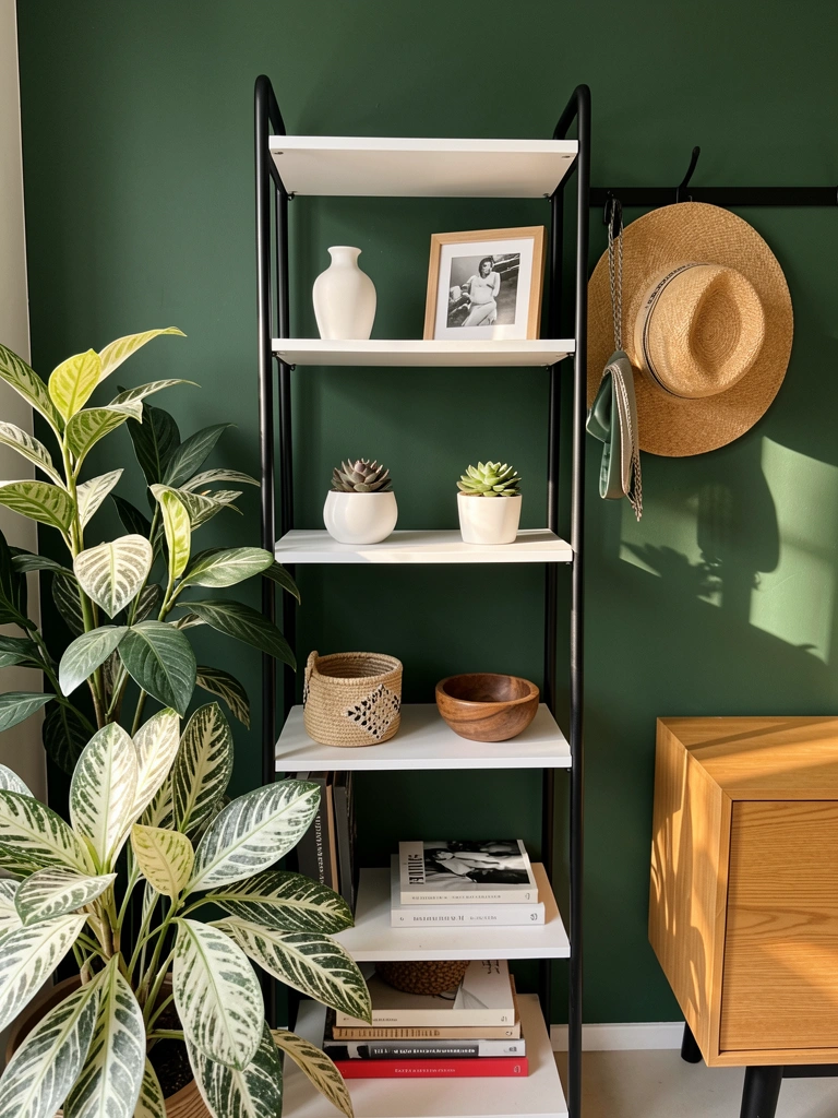 Prateleira metálica preta e branca com vaso, moldura, suculenta e livros contra parede verde escura, planta variegada e chapéu de palha pendurado, luz natural.