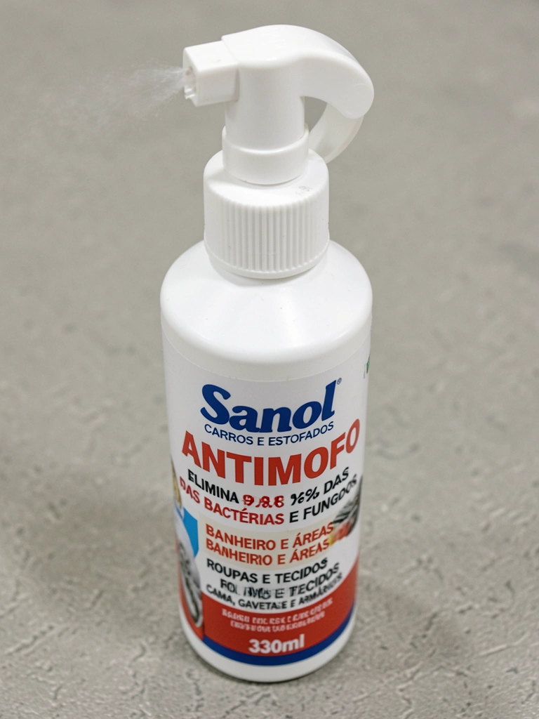 Frasco branco de Sanol Antimofo com spray e névoa sutil, sobre superfície cinza texturizada, iluminação uniforme e fundo desfocado.