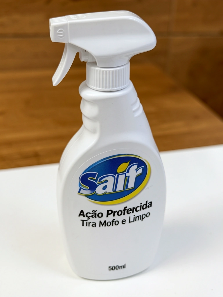 Frasco branco de spray bactericida Saifr com rótulo azul e amarelo, sobre superfície branca, com mesa de madeira ao fundo e iluminação uniforme.