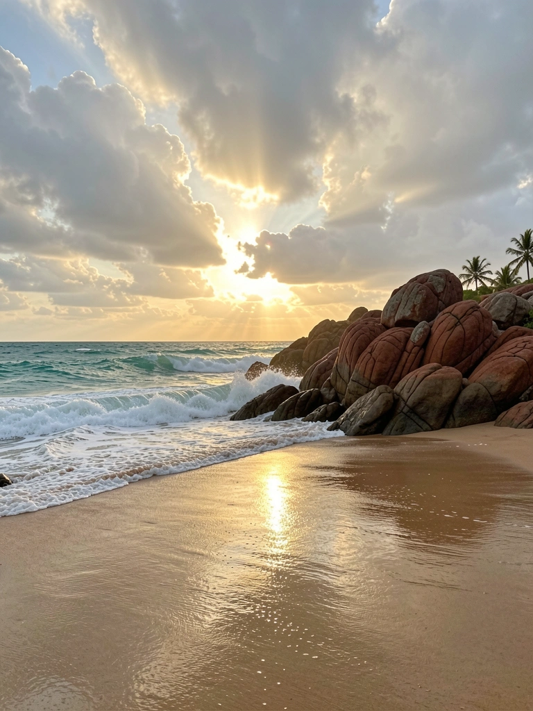 Ondas quebram em formações rochosas avermelhadas e texturizadas, com luz dourada refletindo na areia molhada e nuvens dramáticas ao fundo.