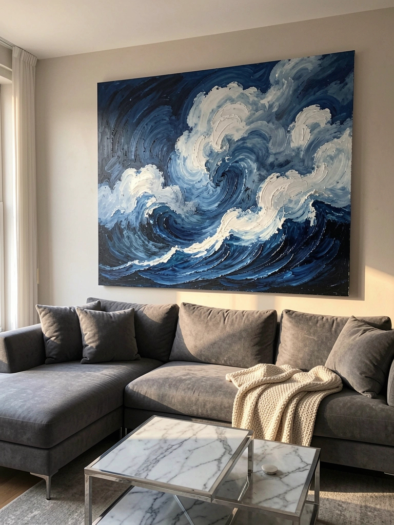 Pintura abstrata com pinceladas grossas de azul e branco sobre sofá cinza e mesa de centro prateada com tampo marmorizado, iluminada por luz natural.