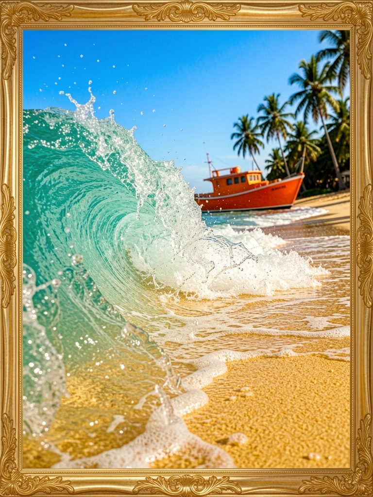 Onda turquesa espumando na areia dourada, barco laranja ao fundo com coqueiros contra o céu azul, luz tropical.