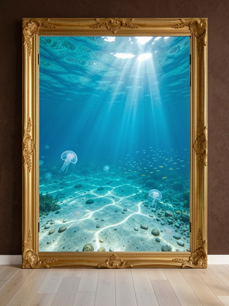 Shafts of sunlight pierce turquoise ocean water, revealing jellyfish and fish schools above a sandy seabed, all within an ornate gold frame set against a dark textured wall.