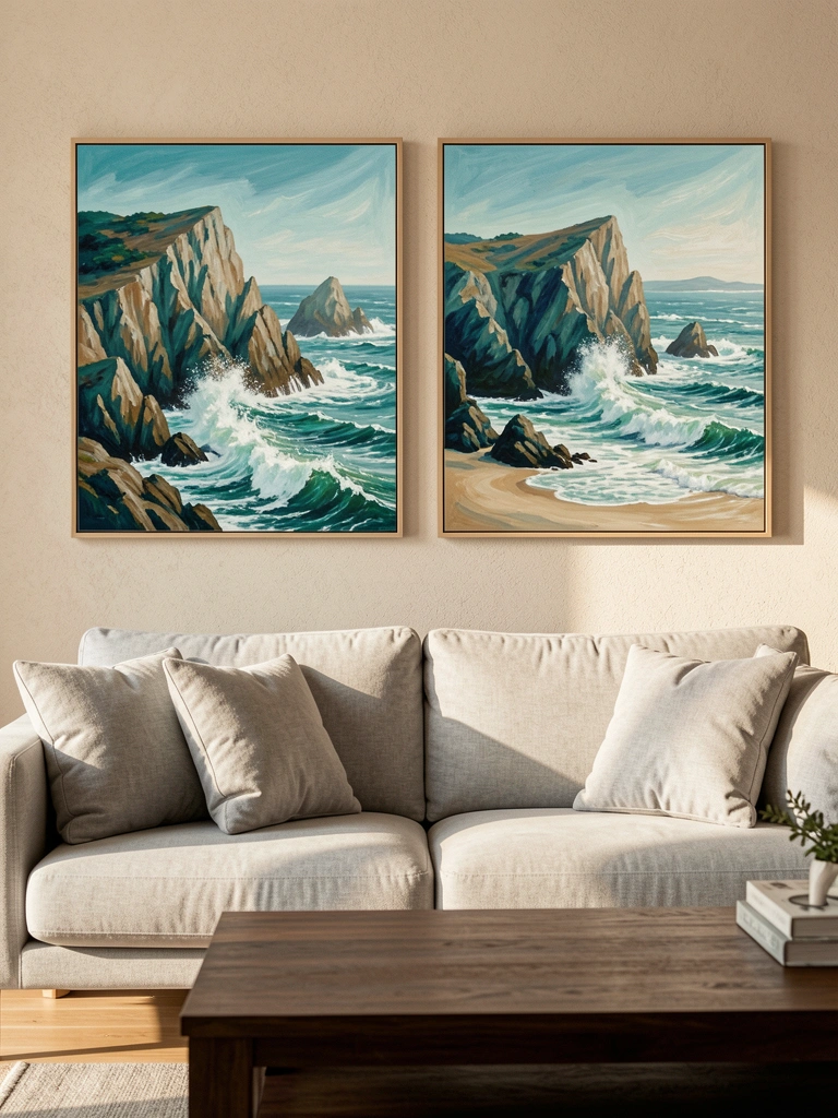 Quadros costeiros em teal e azul sobre parede texturizada, sofá cinza claro e mesa de centro de madeira escura sob luz natural.