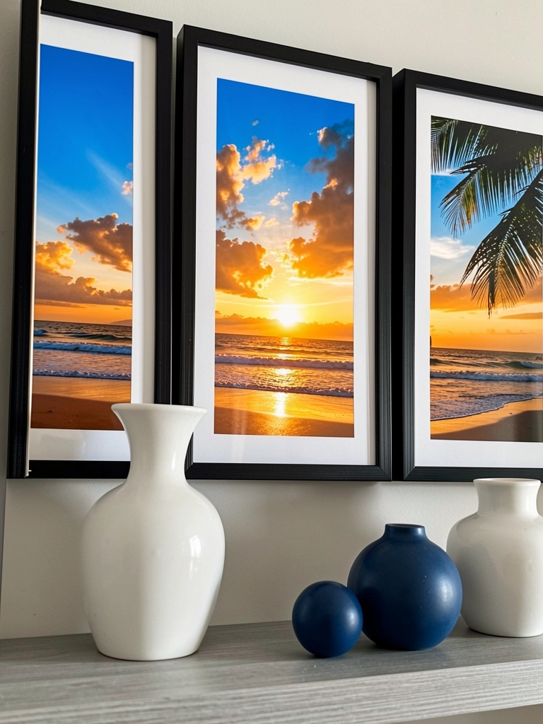 Três quadros com pôr do sol tropical em moldura preta sobre prateleira cinza clara, vaso branco e esferas decorativas azul escura e branca.