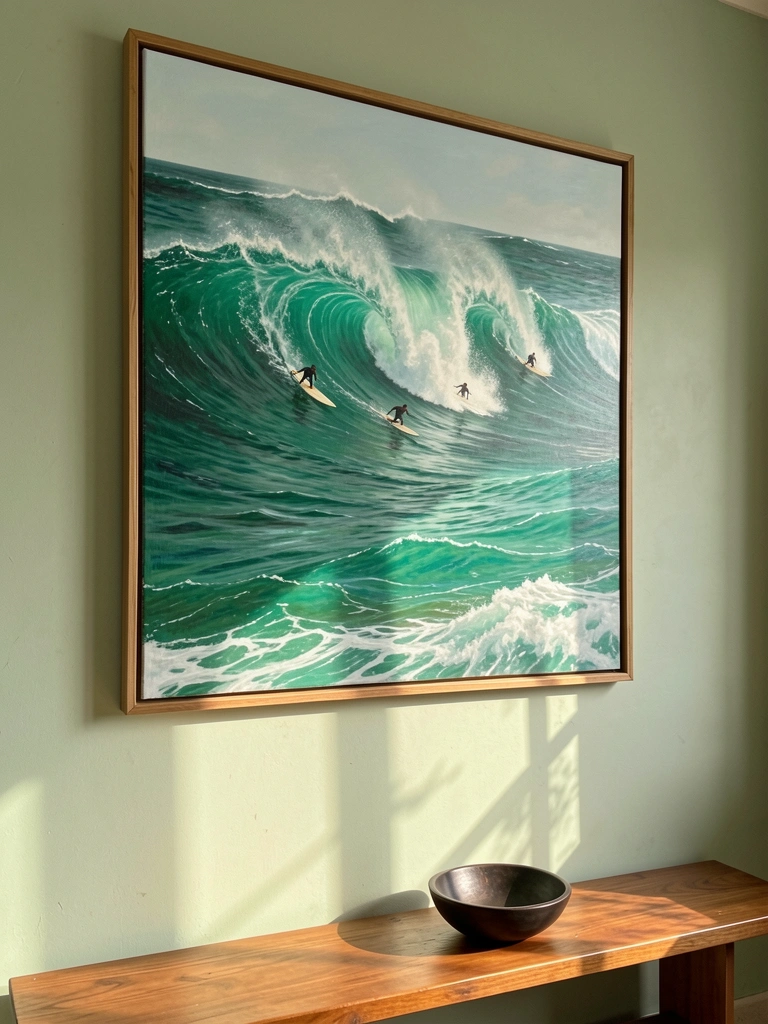Pintura de ondas turquesa com surfistas em moldura sobre parede verde clara, banco de madeira com tigela escura em primeiro plano, luz natural filtrada.