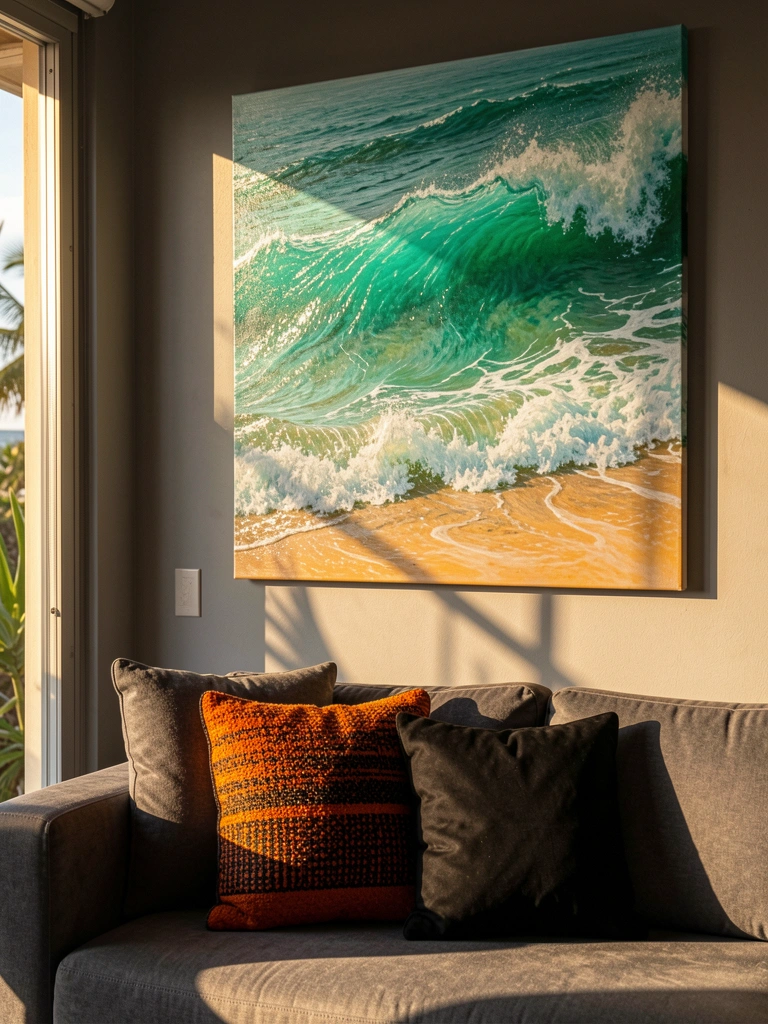 Pintura de ondas turquesa e esmeralda contra a costa, moldura na parede cinza, sofá cinza com almofadas laranja e preta, luz solar dourada criando sombras e destacando texturas.