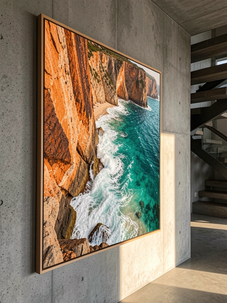 Quadro grande com falésias laranja e mar contra o oceano turquesa, ondas quebrando, parede de concreto cinza texturizado e escada moderna ao fundo, luz natural.