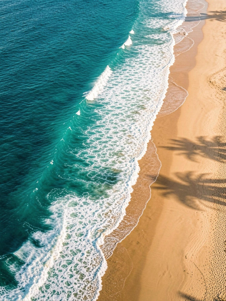 Ondas turquesa com espuma branca quebram na areia dourada texturizada sob luz natural intensa.