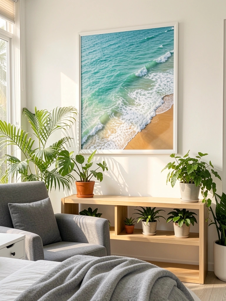 Ondas turquesas quebram na areia, quadro em moldura branca sobre estante de madeira clara com vasos, poltrona cinza e mesa lateral com gaveta, folhagens e luz natural.