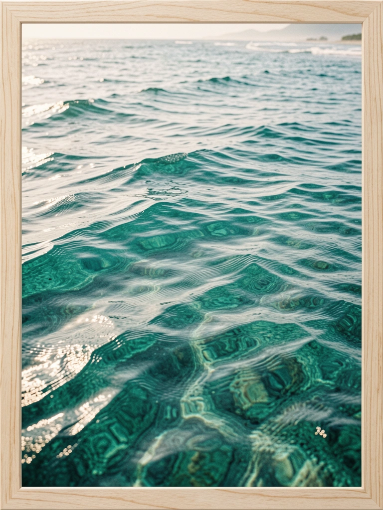 Ondas turquesa com espuma branca e reflexos, moldura de madeira clara e luz natural filtrando a água.