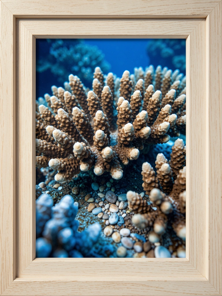 Macro de coral azul com texturas marrons e beges, conchas e seixos espalhados, luz difusa tropical.