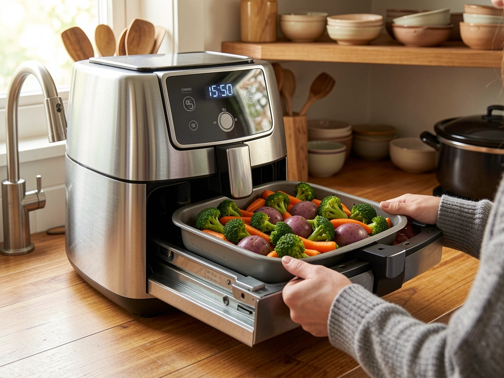 Mãos femininas retirando bandeja de brócolis, cenoura e batata roxa de fritadeira elétrica inox, com display digital e bancada de madeira ao fundo.