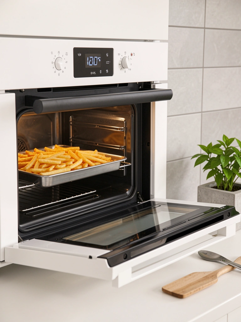 Forno branco eVOL com display digital 1200°F e batatas fritas douradas em grade, azulejos cinza claro e vaso de cimento com planta verde.
