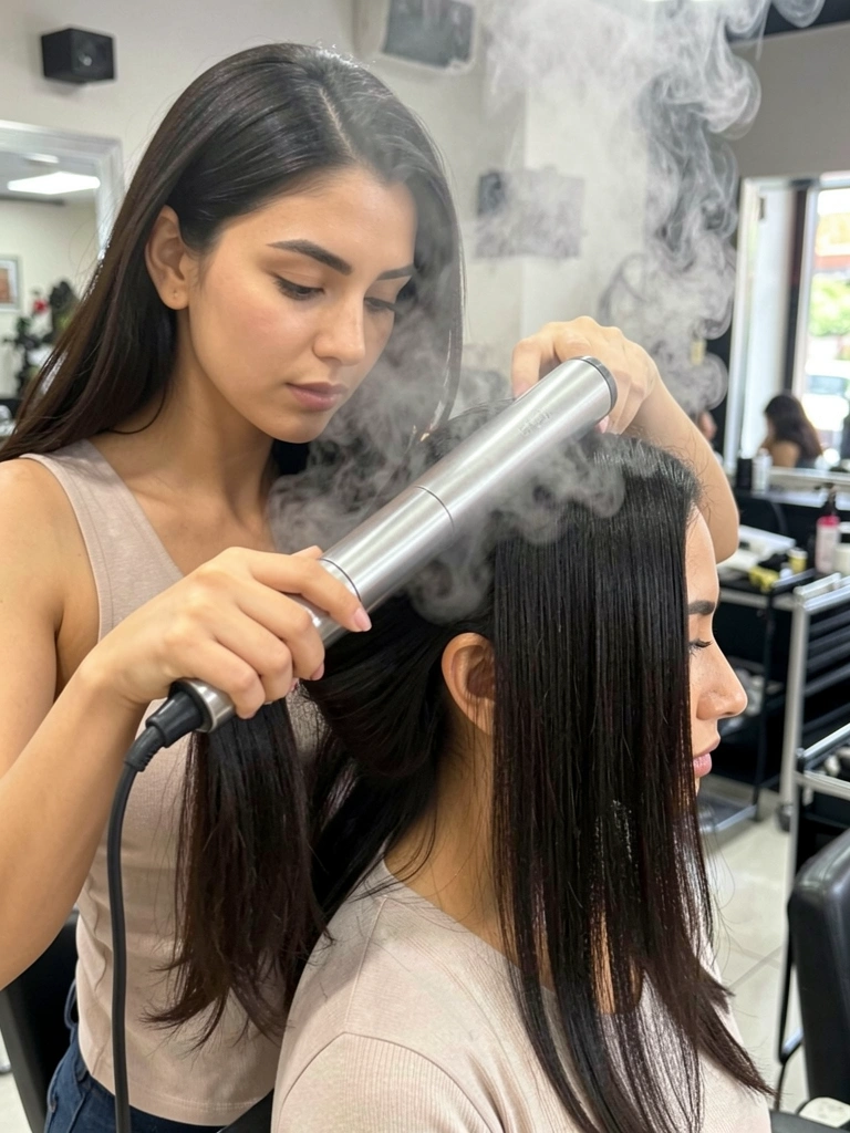 Cabelo longo e escuro sendo alisado com prancha prateada, vapor saindo do aparelho, fundo de salão desfocado.