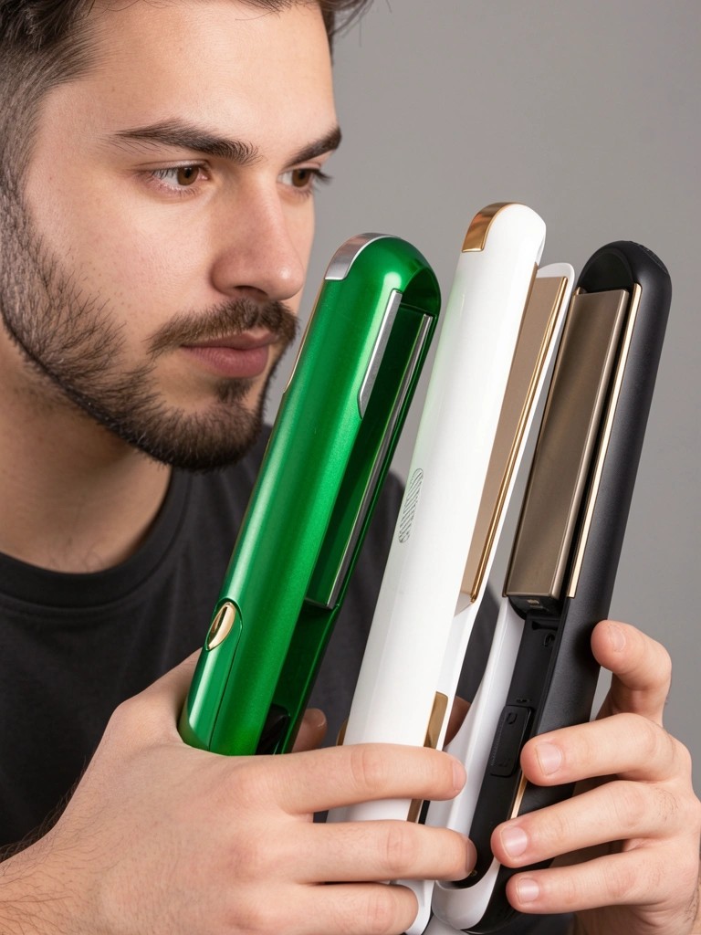 Jovem com barba aparada observa três chapinhas: verde com prata, branca com dourado e preta fosca com detalhe dourado, iluminação suave destacando texturas metálicas.