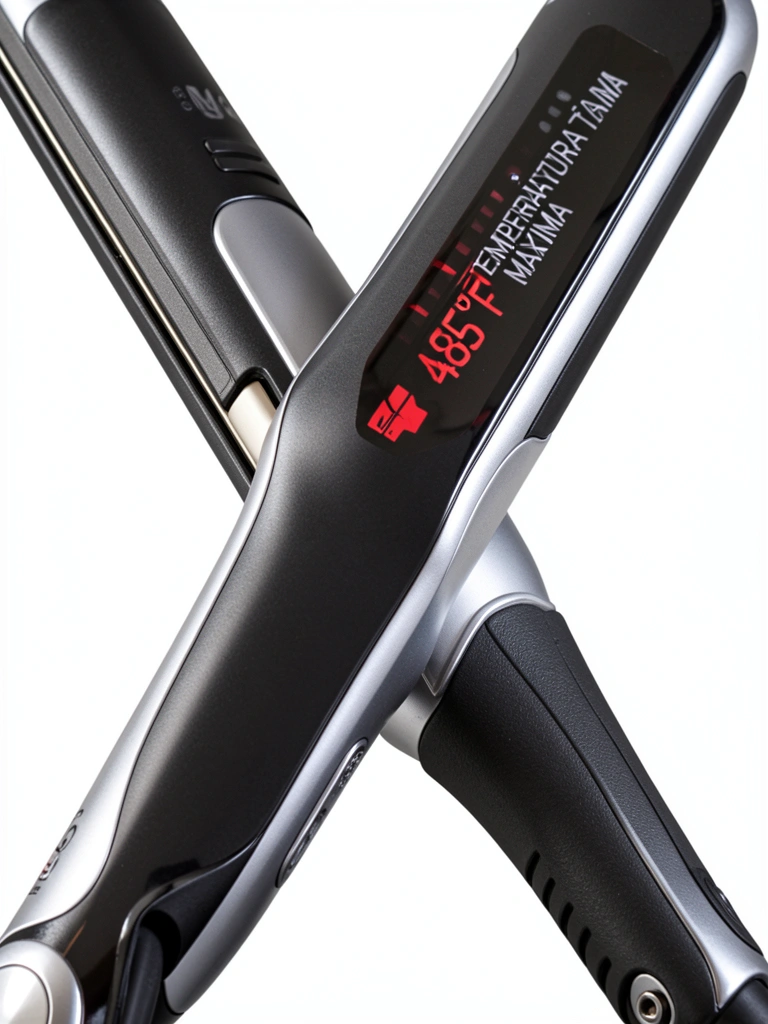Prancha MQ Pro 480 Turbo LED preta com detalhes prateados, visor vermelho de temperatura máxima 485°F, cabo preto pendurado, reflexo sutil do ambiente na superfície lisa, iluminação brilhante destacando texturas metálicas.