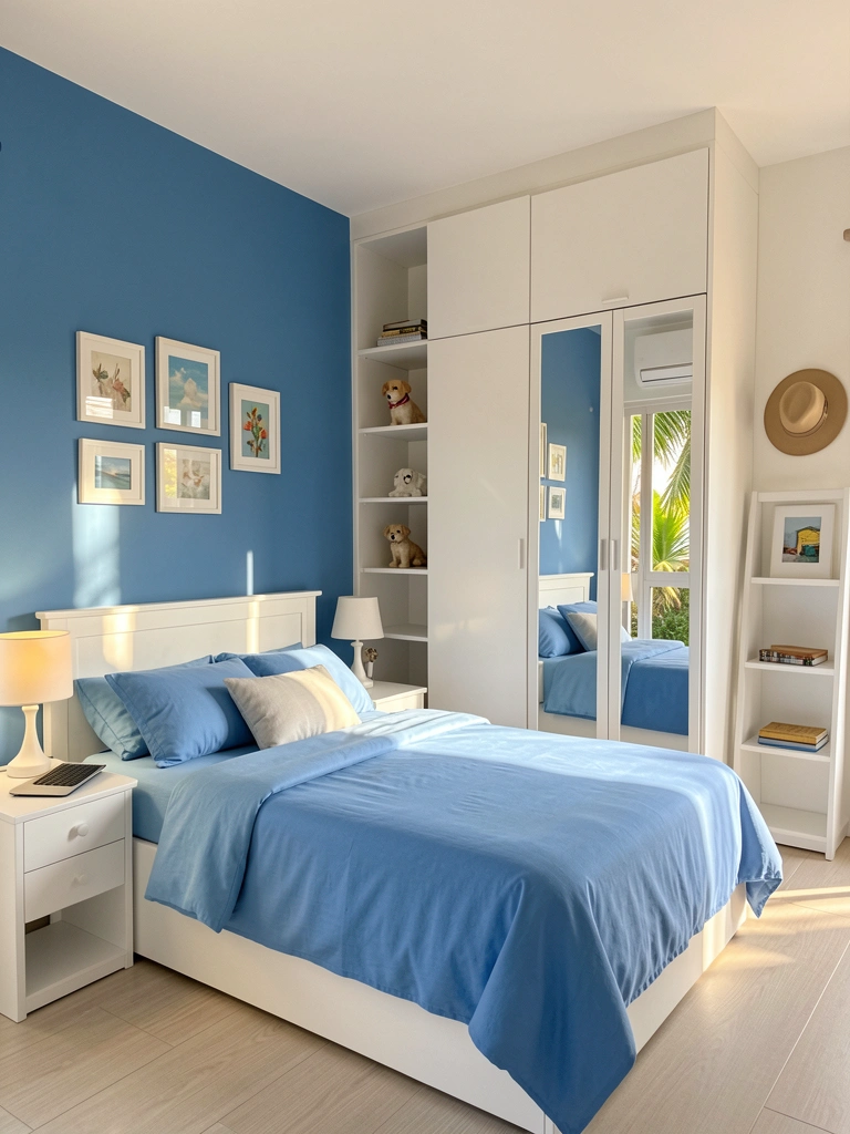 Cama branca com edredom azul e travesseiros, criado-mudo com abajur e laptop, guarda-roupa embutido com portas espelhadas e nicho com cachorro de cerâmica, parede azul com quadros, estante branca com chapéu e livro, luz natural.